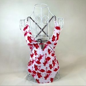 Flamingo One piece bathing suit with plunge neckline